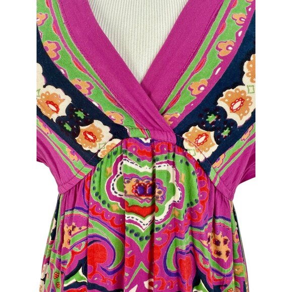 Vintage 90s Angie Multicolored Print Boho Rayon Casual Summer Mini Dress Tunic - Picture 3 of 16